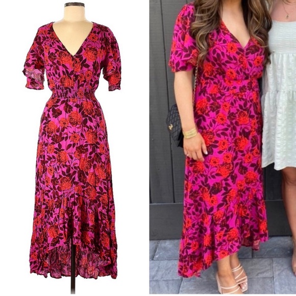 Abel the Label Floral Flutter Sleeve Fucshia Pink Red High Low Maxi Dress Medium - Picture 1 of 15